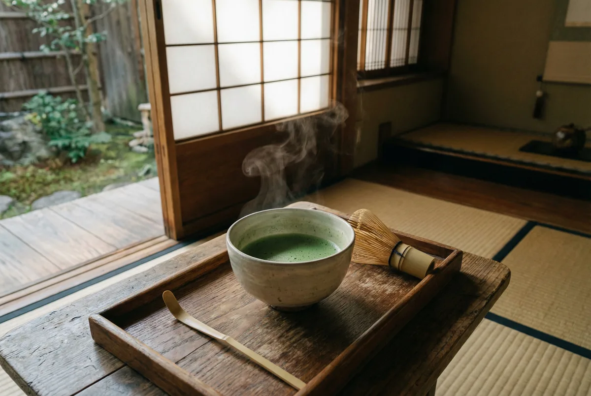 Steaming bowl of Samidori Uji ceremonial-grade matcha whisked in a chawan with bamboo chasen on a tatami tea room tray.